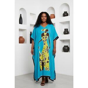 Women Plus Size Fit and Flare Tribal Print Sky Blue Kaftan Dress by Gypsie Blu